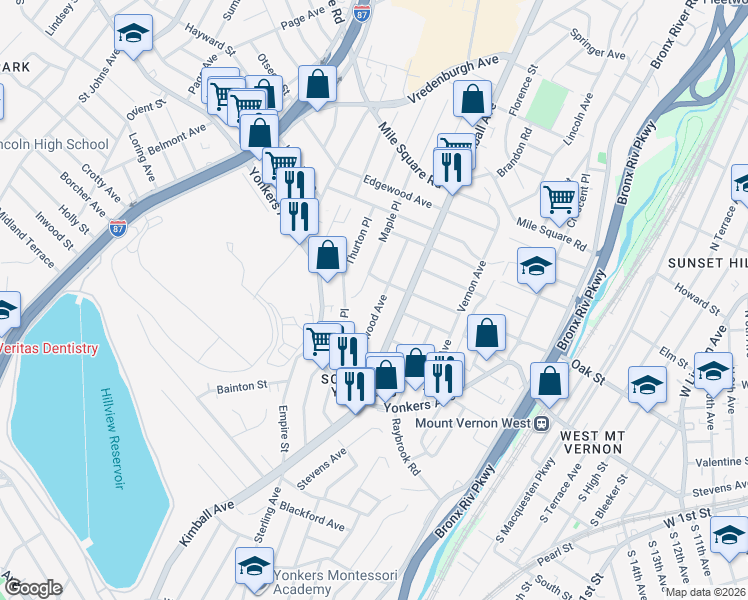 map of restaurants, bars, coffee shops, grocery stores, and more near 83 Ridgewood Avenue in Yonkers