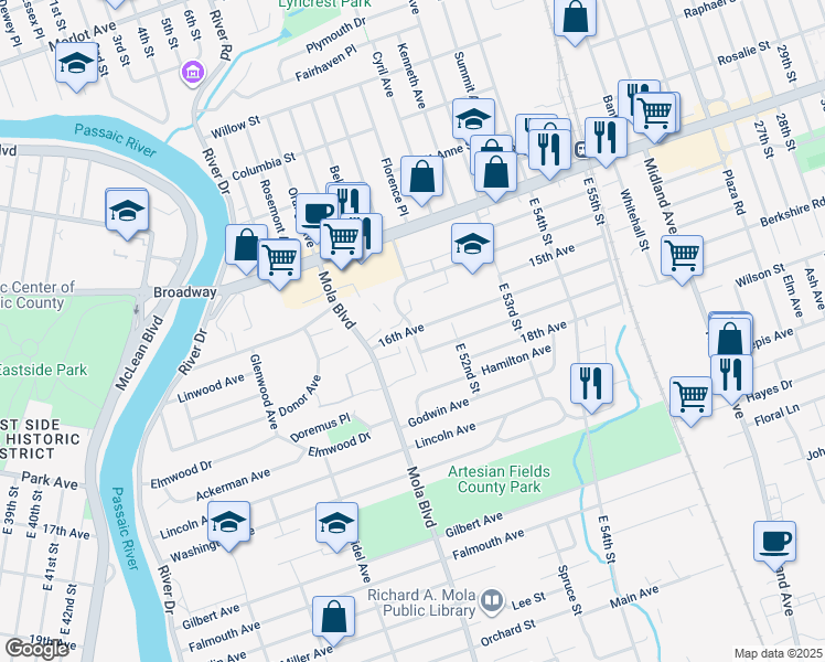 map of restaurants, bars, coffee shops, grocery stores, and more near 16th Avenue & Iozia Terrace in Elmwood Park