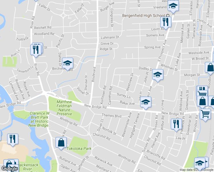 map of restaurants, bars, coffee shops, grocery stores, and more near 1119 Korfitsen Road in New Milford