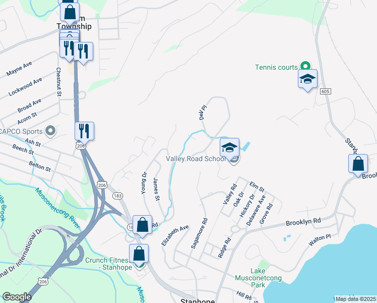 map of restaurants, bars, coffee shops, grocery stores, and more near 329 Alpine Court in Stanhope