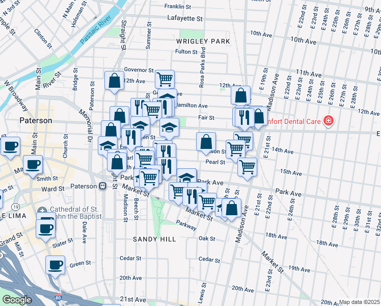 map of restaurants, bars, coffee shops, grocery stores, and more near 396 Ellison Street in Paterson