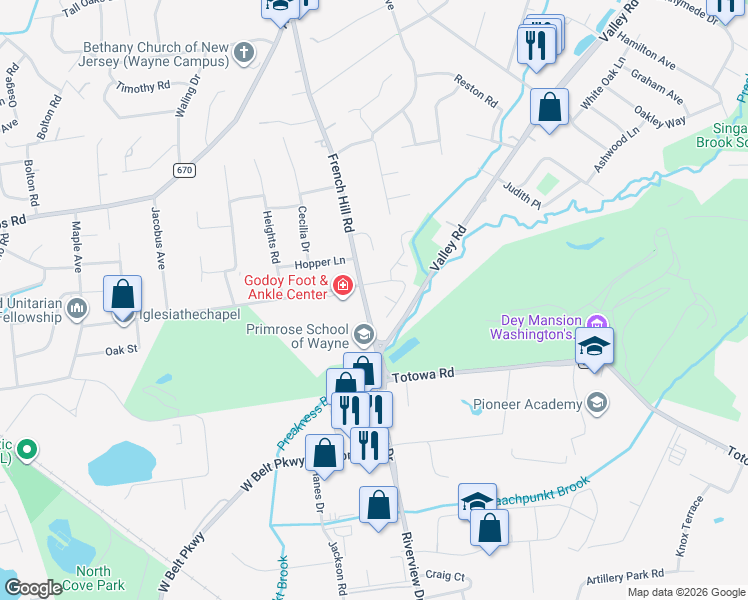 map of restaurants, bars, coffee shops, grocery stores, and more near 19 Black Briar Lane in Wayne