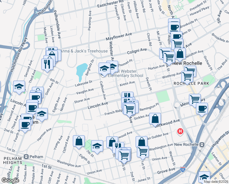 map of restaurants, bars, coffee shops, grocery stores, and more near 23 Muir Place in New Rochelle