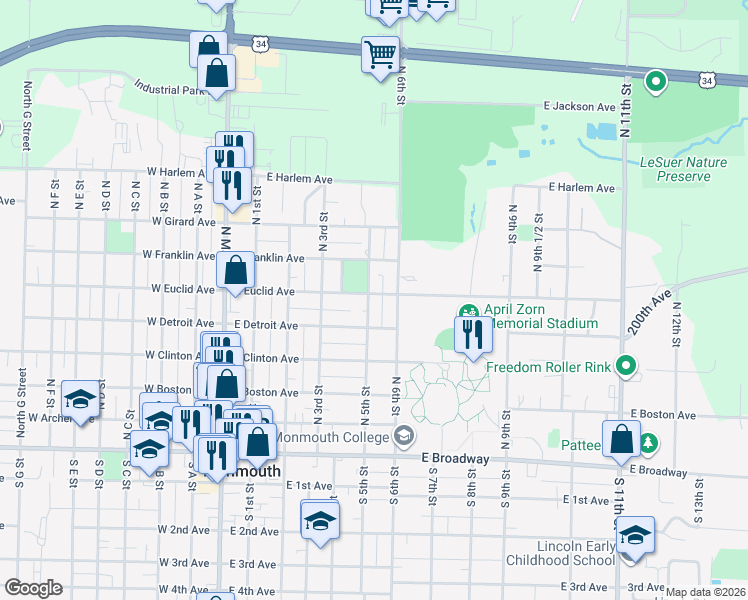 map of restaurants, bars, coffee shops, grocery stores, and more near 515 East Euclid Avenue in Monmouth