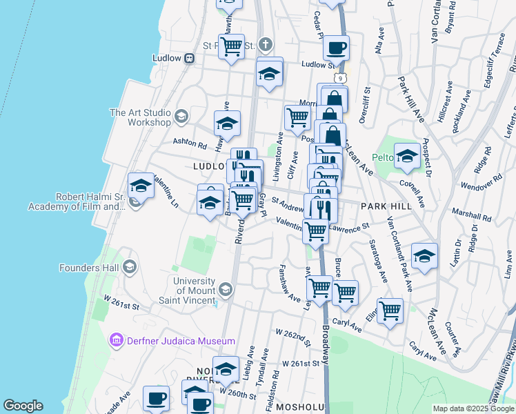 map of restaurants, bars, coffee shops, grocery stores, and more near 205 Valentine Lane in Yonkers