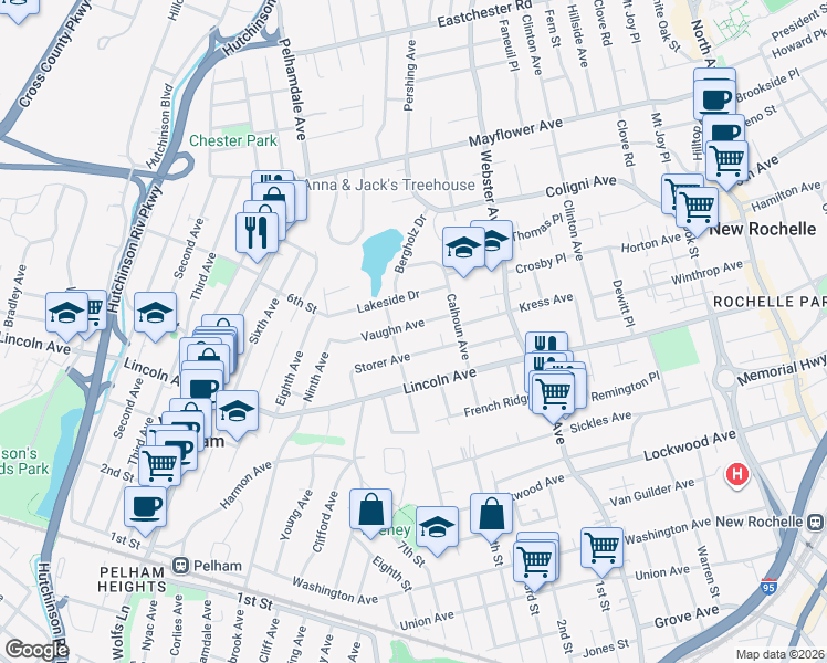 map of restaurants, bars, coffee shops, grocery stores, and more near 42 Vaughn Avenue in New Rochelle