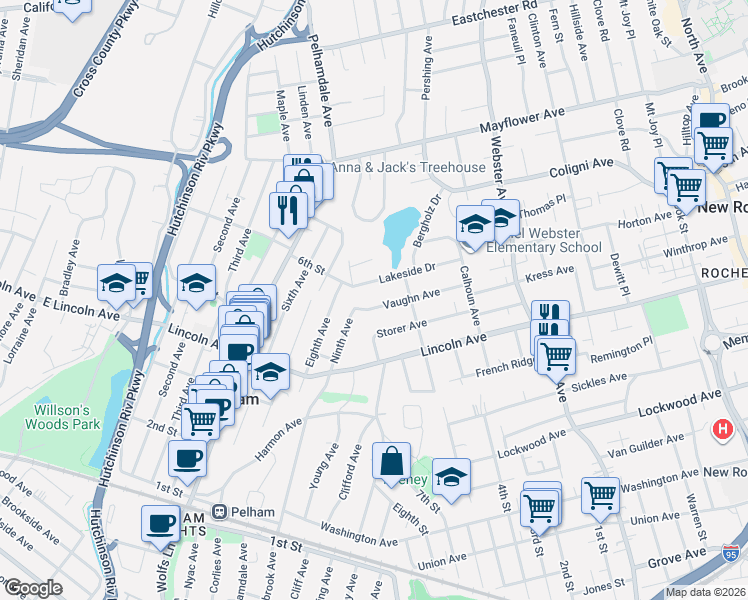map of restaurants, bars, coffee shops, grocery stores, and more near 77 Vaughn Avenue in New Rochelle