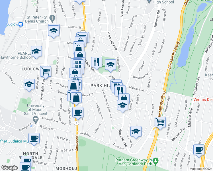 map of restaurants, bars, coffee shops, grocery stores, and more near 117 McLean Avenue in Yonkers
