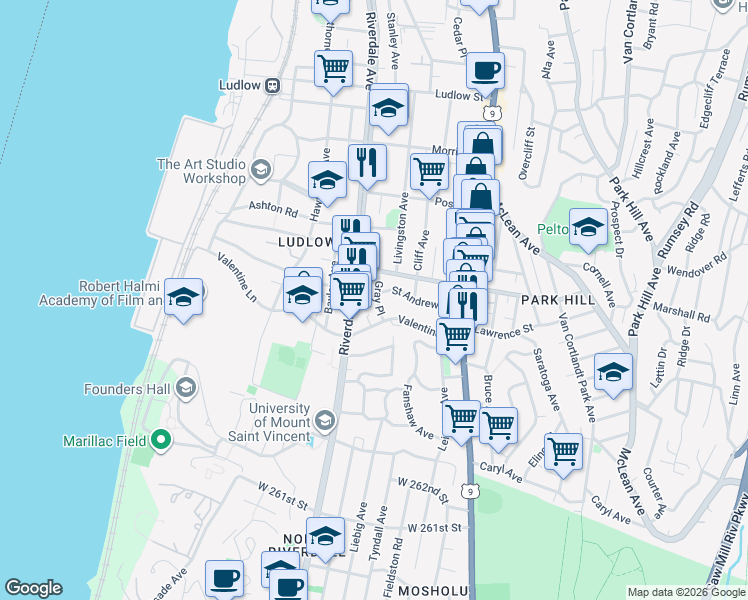 map of restaurants, bars, coffee shops, grocery stores, and more near 205 Valentine Lane in Yonkers