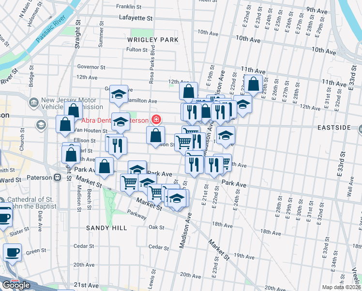 map of restaurants, bars, coffee shops, grocery stores, and more near 464 Ellison Street in Paterson