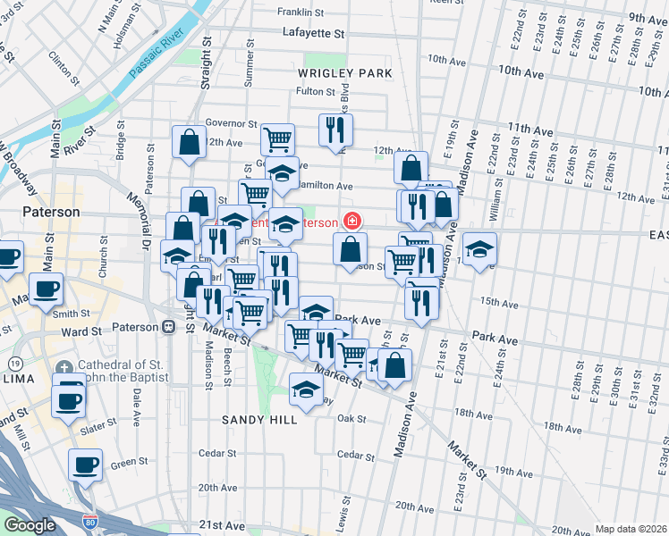 map of restaurants, bars, coffee shops, grocery stores, and more near 396 Ellison Street in Paterson