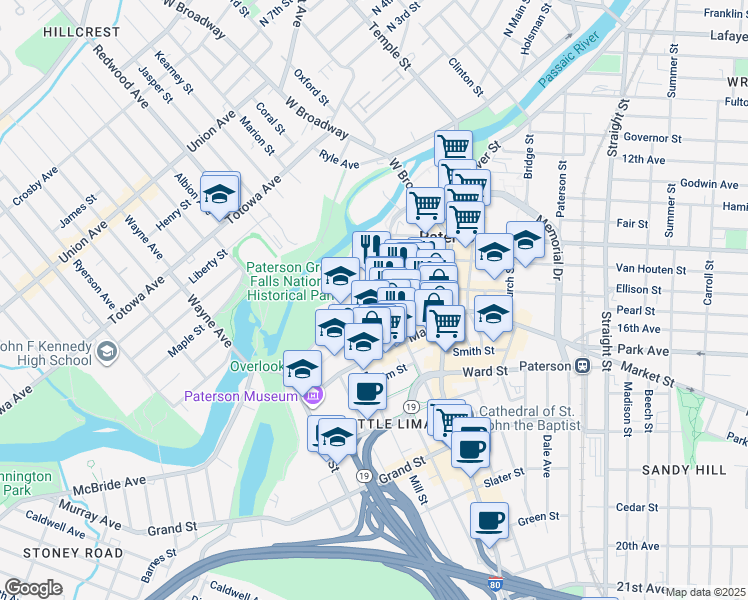 map of restaurants, bars, coffee shops, grocery stores, and more near 31 Ellison Street in Paterson