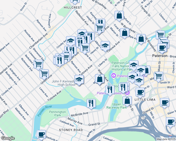 map of restaurants, bars, coffee shops, grocery stores, and more near 195 Liberty Street in Paterson