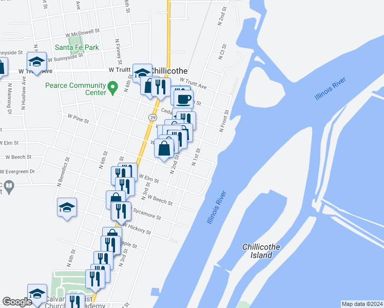 map of restaurants, bars, coffee shops, grocery stores, and more near 107 West Pine Street in Chillicothe