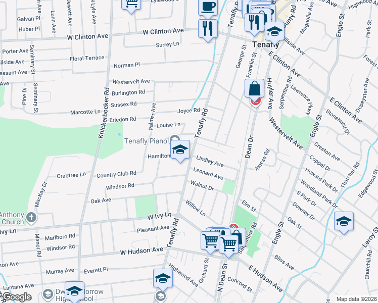 map of restaurants, bars, coffee shops, grocery stores, and more near 1 Hamilton Place in Tenafly