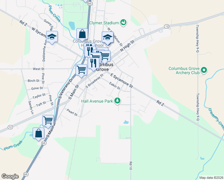 map of restaurants, bars, coffee shops, grocery stores, and more near 205 Vidette Ave in Columbus Grove