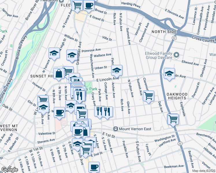 map of restaurants, bars, coffee shops, grocery stores, and more near 159 Cottage Avenue in Mount Vernon