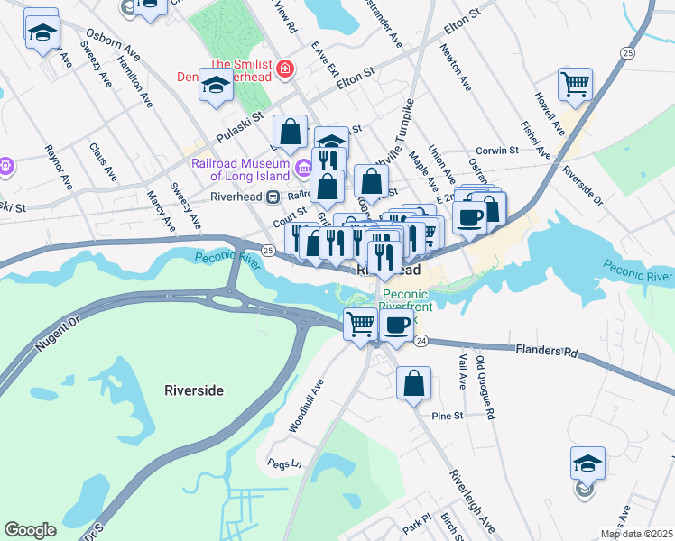 map of restaurants, bars, coffee shops, grocery stores, and more near 123 West Main Street in Riverhead