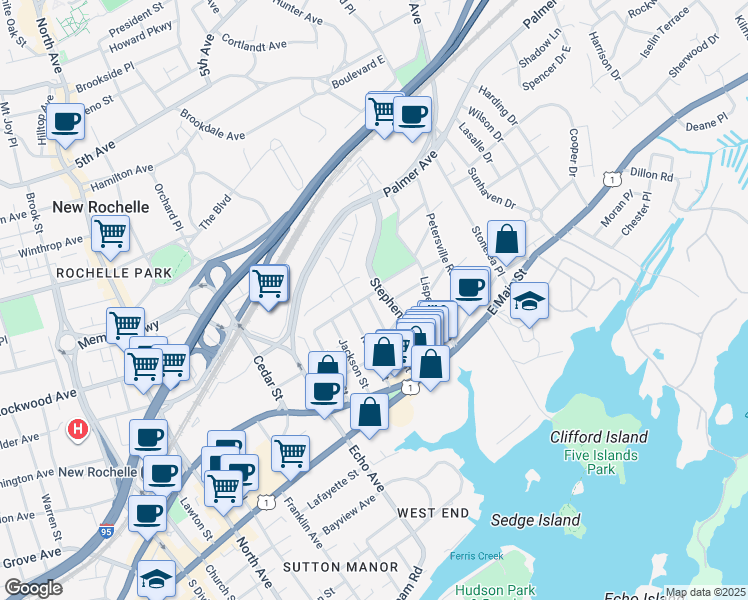 map of restaurants, bars, coffee shops, grocery stores, and more near 79 Pratt Street in New Rochelle