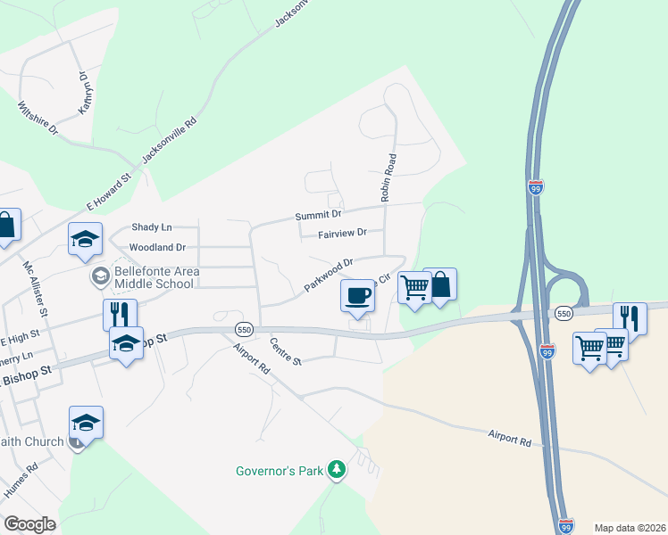 map of restaurants, bars, coffee shops, grocery stores, and more near 1270 Pine Circle in Bellefonte