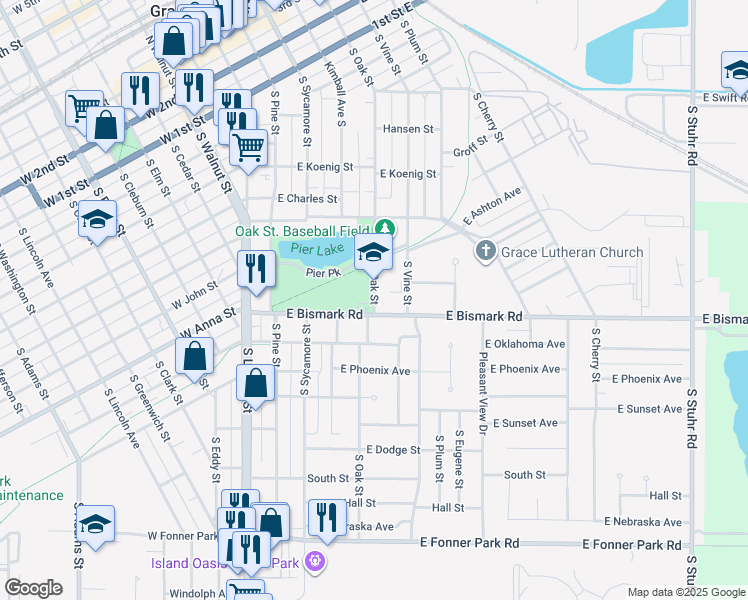 map of restaurants, bars, coffee shops, grocery stores, and more near 659 S Oak St in Grand Island