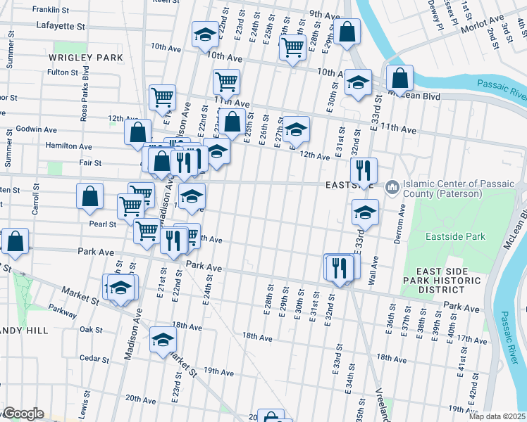 map of restaurants, bars, coffee shops, grocery stores, and more near 606 East 27th Street in Paterson