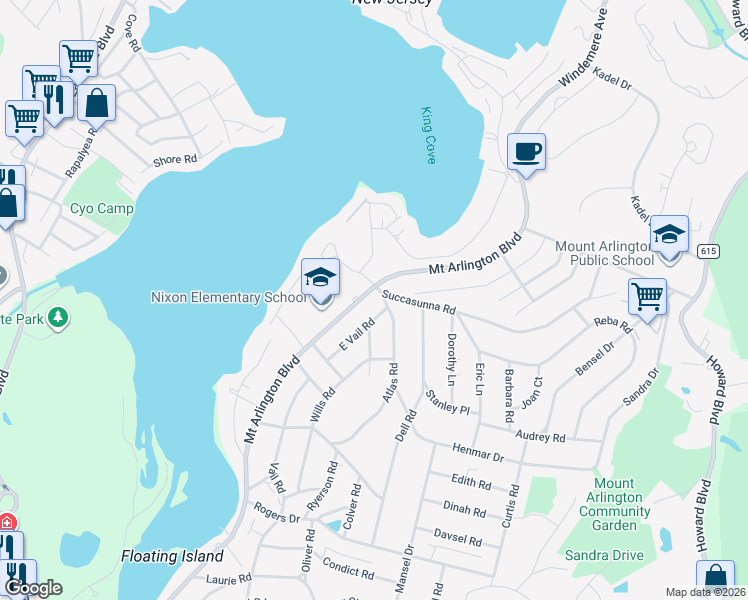map of restaurants, bars, coffee shops, grocery stores, and more near 290 Mount Arlington Boulevard in Roxbury Township