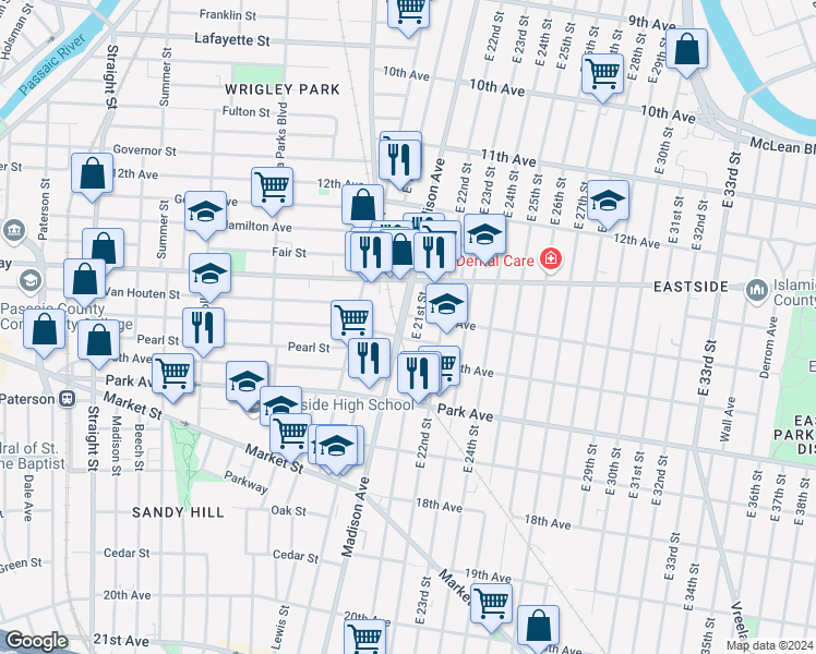 map of restaurants, bars, coffee shops, grocery stores, and more near 667 Madison Avenue in Paterson