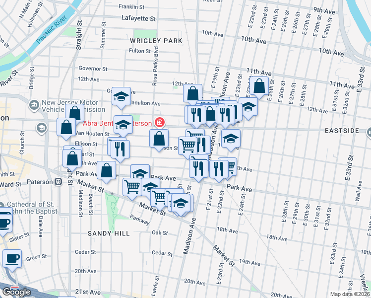 map of restaurants, bars, coffee shops, grocery stores, and more near 464 Ellison Street in Paterson