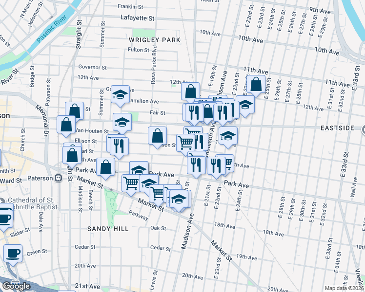 map of restaurants, bars, coffee shops, grocery stores, and more near 464 Ellison Street in Paterson