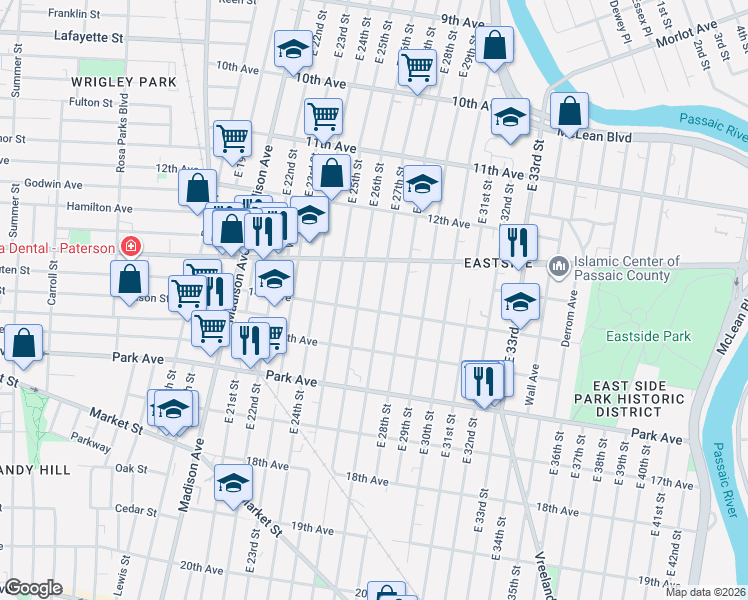 map of restaurants, bars, coffee shops, grocery stores, and more near 606 East 27th Street in Paterson
