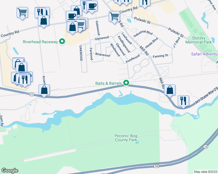map of restaurants, bars, coffee shops, grocery stores, and more near 1368 West Main Street in Riverhead