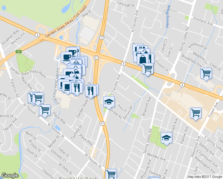 map of restaurants, bars, coffee shops, grocery stores, and more near 45 South Farview Avenue in Paramus