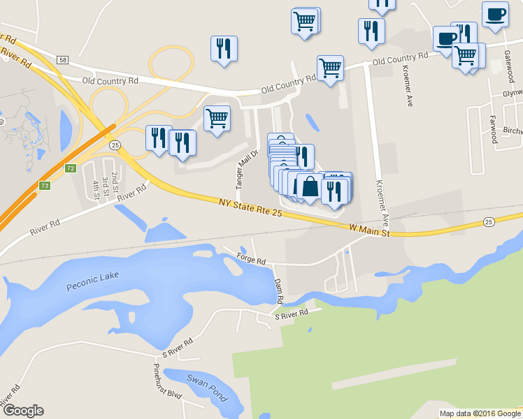 map of restaurants, bars, coffee shops, grocery stores, and more near 1730-1768 West Main Street in Riverhead