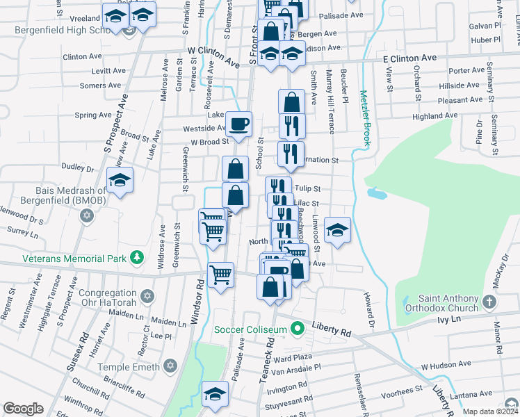 map of restaurants, bars, coffee shops, grocery stores, and more near 19 McDermott Place in Bergenfield