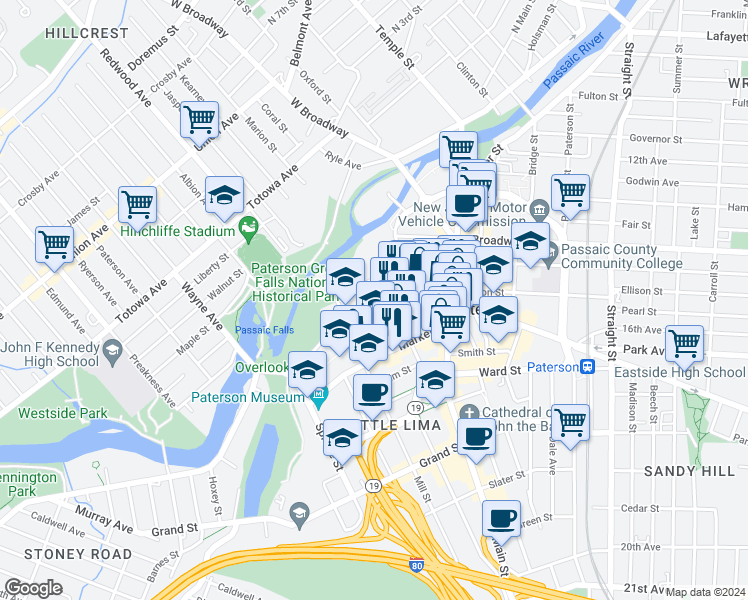 map of restaurants, bars, coffee shops, grocery stores, and more near 31 Ellison Street in Paterson