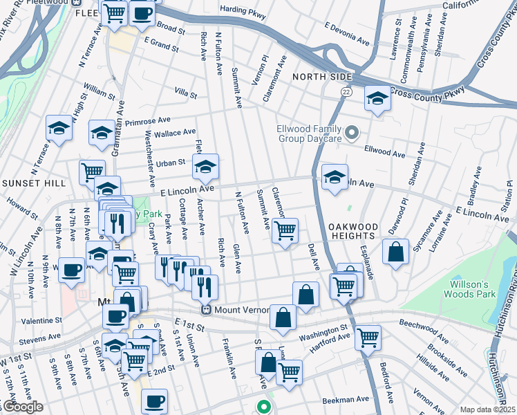 map of restaurants, bars, coffee shops, grocery stores, and more near 162 Summit Avenue in Mount Vernon