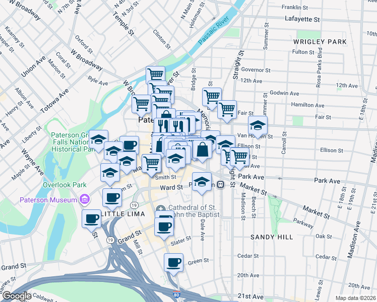 map of restaurants, bars, coffee shops, grocery stores, and more near 44 Church Street in Paterson