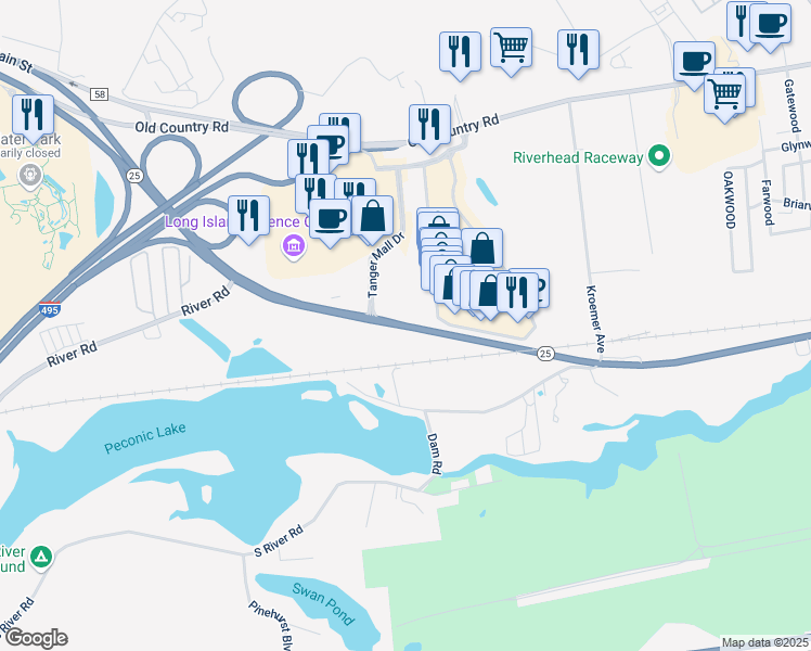 map of restaurants, bars, coffee shops, grocery stores, and more near 1750 West Main Street in Calverton