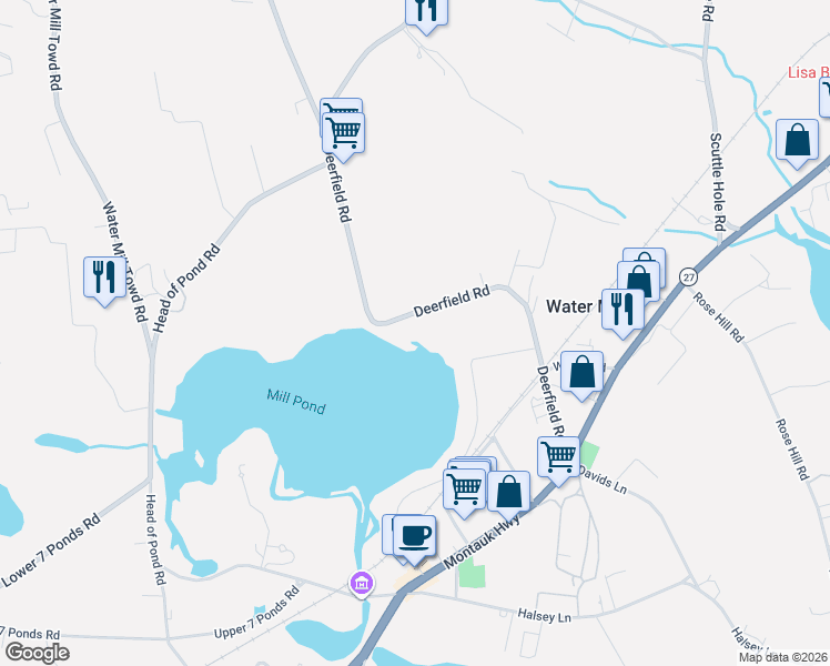 map of restaurants, bars, coffee shops, grocery stores, and more near 292 Deerfield Road in Water Mill