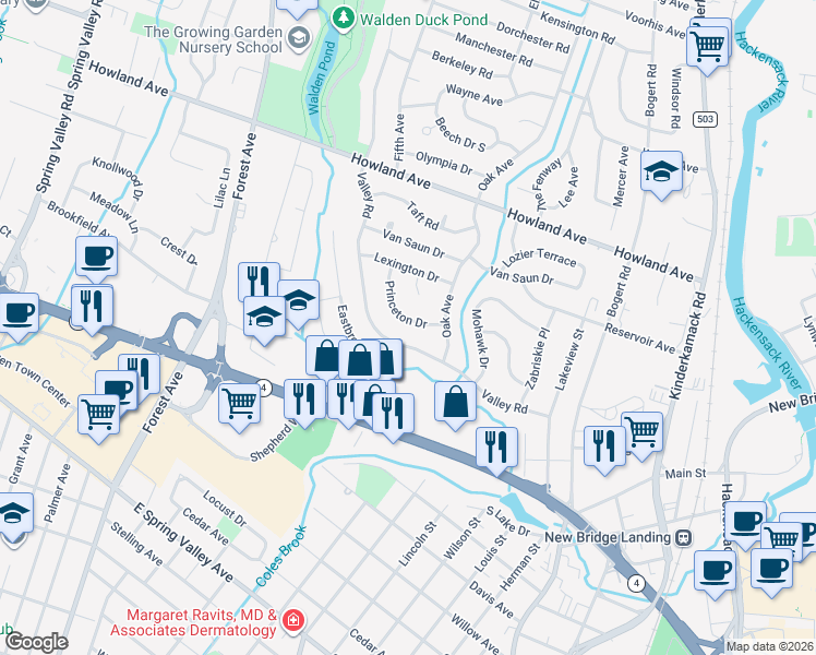 map of restaurants, bars, coffee shops, grocery stores, and more near 229 Princeton Drive in River Edge