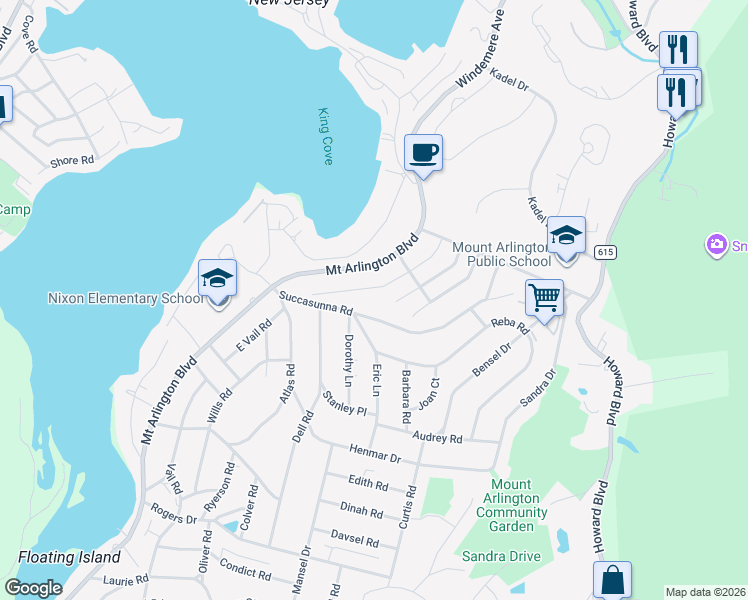 map of restaurants, bars, coffee shops, grocery stores, and more near 36 Iroquois Avenue in Roxbury Township
