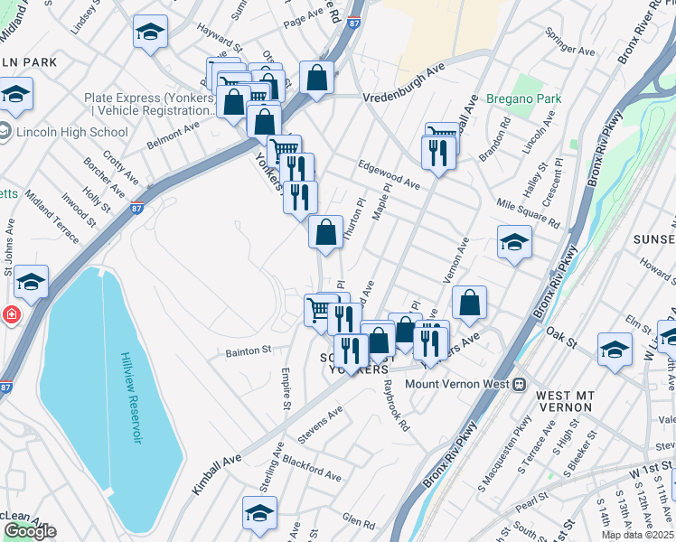 map of restaurants, bars, coffee shops, grocery stores, and more near 150 Hildreth Place in Yonkers
