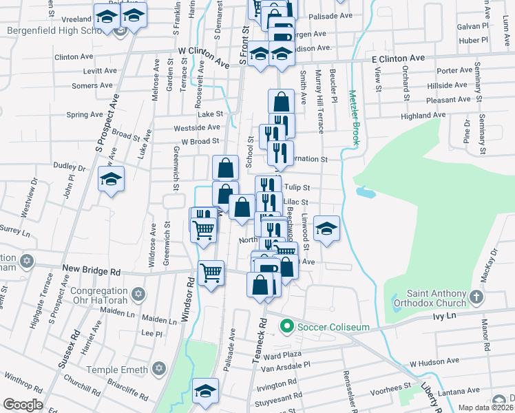 map of restaurants, bars, coffee shops, grocery stores, and more near 18 Hill Place in Bergenfield