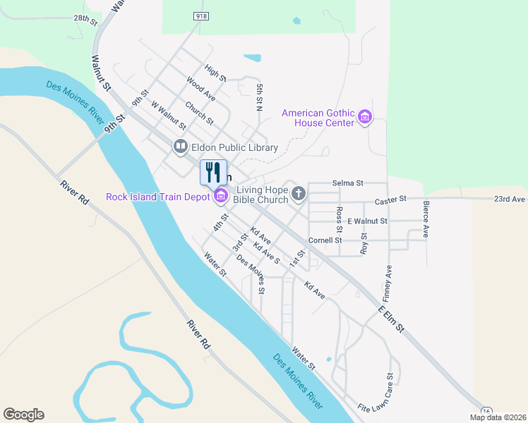 map of restaurants, bars, coffee shops, grocery stores, and more near 3rd Street in Eldon