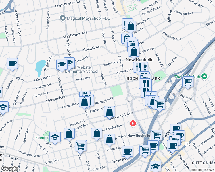map of restaurants, bars, coffee shops, grocery stores, and more near 111 Lincoln Avenue in New Rochelle