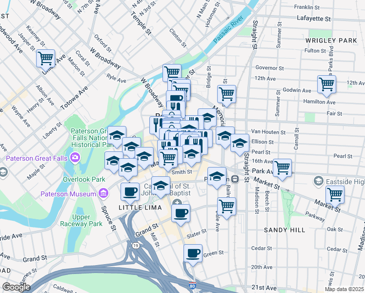 map of restaurants, bars, coffee shops, grocery stores, and more near 155 Market Street in Paterson