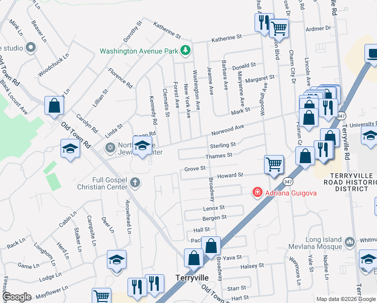 map of restaurants, bars, coffee shops, grocery stores, and more near 196 Sterling Street in Port Jefferson Station