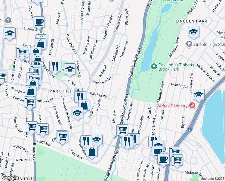 map of restaurants, bars, coffee shops, grocery stores, and more near 44 Ritchie Drive in Yonkers