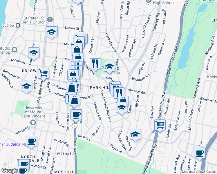 map of restaurants, bars, coffee shops, grocery stores, and more near 117 McLean Avenue in Yonkers